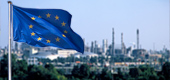 Photo: the European flag blows in front of a BASF site